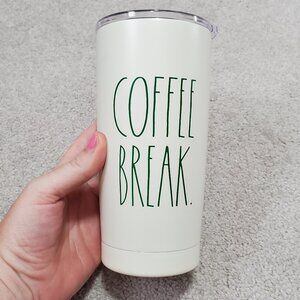 RAE DUNN Coffee Break Spell Out Stainless Steel Travel Mug Cup Insulated Ivory